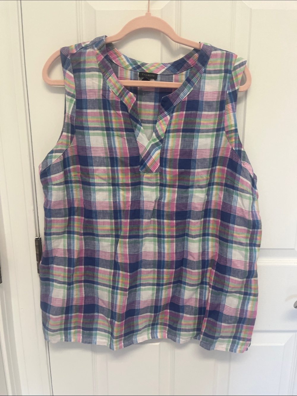 Talbots Sleeveless Plaid Linen Tunic in Blue, Pink & Green